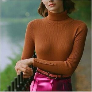 Anthropologie Maeve Button Sleeve Ribbed Turtleneck Ribbed Sweater Top - Small